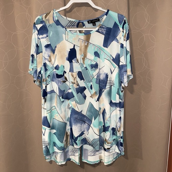 N Touch Tops - N Touch Womens Abstract Geometric Print Short Sleeve Blouse Blue Teal Size Large